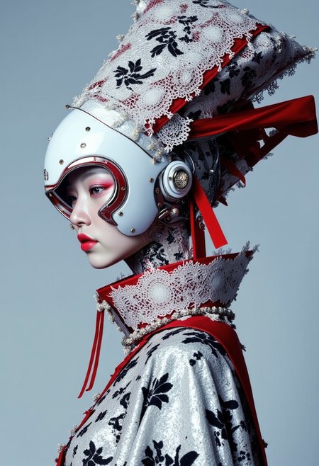 cpstyle,. The image is a high-resolution digital artwork featuring a futuristic, stylized portrait of a person. The subject is a woman with a striking, otherworldly appearance. She has a pale, porcelain-like skin and is wearing a futuristic helmet that covers her face. The helmet is predominantly white with red accents, and it has a sleek, metallic texture. It features intricate, mechanical details and a large, circular visor that obscures her eyes, giving her an android-like appearance.
Her head is adorned with a large, intricate headdress made of white, black, and red fabric with intricate lace patterns, reminiscent of traditional Asian embroidery. The headdress is tied with a long red ribbon that trails down her back. She has a high, elaborate collar around her neck, also featuring the same intricate lace patterns in white and black.
Her lips are painted a bold red, contrasting with her pale skin. The background is a muted, gradient blue, which helps emphasize the subject. The overall aesthetic is a blend of high-tech and traditional elements, with a strong emphasis on intricate, detailed textures and patterns. The artwork has a very high level of detail and polish, typical of modern, conceptual digital art.