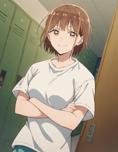 score_9, score_8_up, score_7_up, source_anime, <lora:chinatsu-kano-alpha-ponyxl-lora-nochekaiser:1>, chinatsu kano, short hair, brown hair, brown eyes, medium breasts,, shirt, white shirt, short sleeves, shorts,, school hallway, lockers, between classes, everyday life, smile, , crossed arms, smug, solo,, cowboy shot, dutch angle,