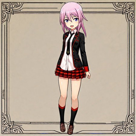 shiny skin,,1girl,,solo, score_9, score_8_up, score_7_up, source_anime,anime screencap,:d,smile,shimada fumikane (style),official costume,yotsuyu,pink hair,full,ashihara_h,black jacket,open jacket,black necktie,untucked_shirt,plaid skirt,black socks,brown loafer,ng_deepnegative_v1_75t,an14