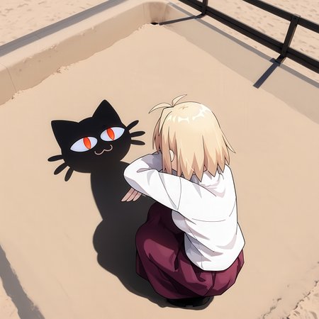 nakkar, catshadow, <lora:catshadow:0.8>, very wide shot, sandbox, masterpiece, best quality,
1girl,arcueid brunestud,mature female, aged up,facing away,from above,squatting,from behind,shadow,full body,white turtleneck shirt, maroon skirt, long skirt, small breasts,BREAK
(((shadow))), long shadow, different shadow, neco-arc, cracen, :3, slit pupils, black shadow, red pupils, meme,  <lora:necoarc-guy90-Illust-LoraV1:0.8>,BREAK,