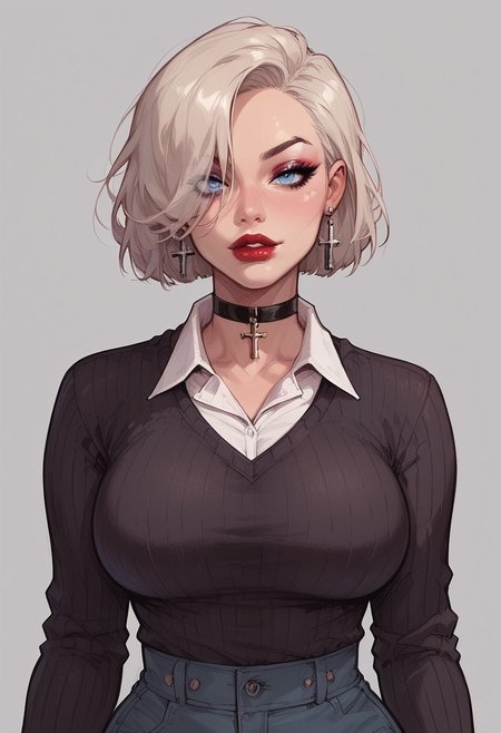 score_9, score_8_up, score_7_up, score_6_up, 1girl, solo, standing,18 years old, long platinum blonde hair over one eye,sexy girl, beautiful ice blue eyes,fit body,big round breasts, confident, makeup, red lipstick, lip gloss, eyeshadow,black choker, black sweater,collared shirt, cross earrings,shirt, sweater, white shirt,((wide hips))