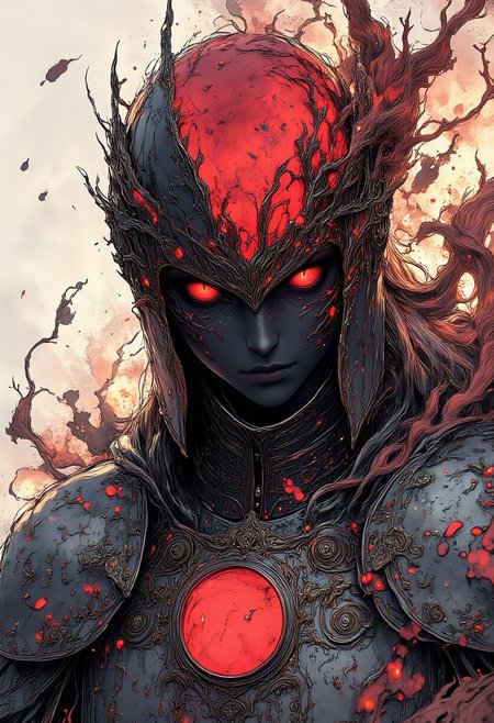 nistyle, A gritty cinematic hyperdetailed Manga Sketch Showing an hkevil spectral haunting shadow Knight with a orb instead of a head, a horned goddess of war with armored pauldron, billowing translucent hair, Cleavage, Busty, billowing Aura, hood, shaded eyes, black skin, amazing Details, high Quality and hyperdetailed realistic, volumetric lighting, Studio Ghibli Dark Fairytale, DARK Red, Grey, beige and black color graded