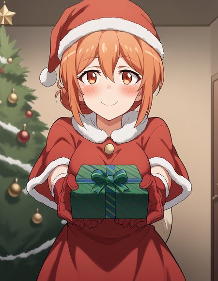 score_9, score_8_up, score_7_up, source_anime, <lora:mother-yuigahama-s2s3-ponyxl-lora-nochekaiser:1>, yuigahamama, hair bun, mature female, orange eyes, orange hair, short hair, single hair bun, hair between eyes, sidelocks, large breasts, <lora:santa-costume-ponyxl-lora-nochekaiser:1>, santa costume, santa hat, christmas, sack, merry christmas, gift, fur-trimmed headwear, holding sack, santa dress, fur-trimmed dress, christmas tree, christmas tree, fur trim, red capelet, gift box, red gloves, fur-trimmed capelet, santa gloves, red hat, hat,, smile, blush, looking at viewer, <lora:incoming-gift-ponyxl-lora-nochekaiser:1>, incoming gift, outstretched arms, holding, holding gift, gift, gift box,,