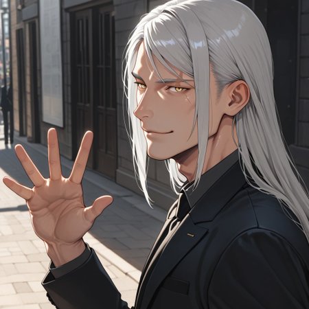masterpiece, best quality, amazing quality, absurdres, newest, detailed background, definition so sharp, Ultra-HD, 8K cinematic, very awa, impressionate, amazing quality, highres, 
solo, male focus, manly, shadow, shiny skin, mature male, extream close-up, soft coloring,
mitsuhisahachiya, mitsuhisa_grey hair, mitsuhisa_yellow eyes, 1boy, long hair, scar across eyebrow, gentleman, understated_elegance, classic_suit, attentive_listener, observant, kind_gesture, subtle_smile, respectful, old_fashioned_charm, wise_expression, calm_demeanor, quiet_confidence, hand_in_pocket, city_stroll