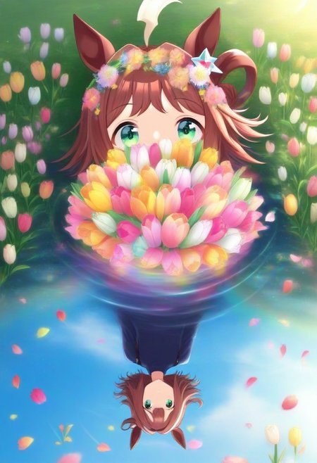 (umamusume, rhein_kraft_(umamusume), horse_ears, horse_girl, tail, 1girl, Tulip, animal_ears,), 
casual, field, flower, flower_field, green_eyes, hair_between_eyes, hair_ornament, 
head_wreath, looking_at_viewer,  solo, , symmetric ,spiralling vortex made of multicoloured tulips,ripples, reflective, jaynl-tm, rainbow, , g0ldsw0rthy,
(realistic, photo,  artistic, medium_hair, one_eye_closed, petals, relaxing,  lush foliage sunrise,  ,  : 0.7)