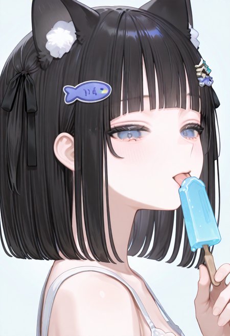 <lora:HandFixer_pdxl_Incrs_v1:1>, <lora:ê·¸ë¦¼ë³´ì  ìì ê¸°:0.5>,  <lora:ê·¸ë¦¼ë³´ì  ponyv6_noobV1_2_adamW-000017:1>, <lora:add-detail-xl:1.5>, <lora:NOOB_EPSv1_1_detailer_by_vlnvk_v1_0:1.5>, <lora:ê·¸ë¦¼ë³´ì  ìì¸íë:1>, <lora:ratatatat74_XL_v2:0.8>, <lora:748cmSDXL:0.6>, masterpiece, best quality, amazing quality, distinct, super_detail, finely_detailed, mishoujo, very aesthetic, absurdres, highly detailed, beautiful eyes, detailed eyes, Illustration, score_9, score_8_up, score_7_up, score_6_up, 1girl, solo, NSFW, (portrait:1.5), 
extreme closed, face focus, from side, petite, white sleeveless_dress, looking_at_viewer, pov,  tongue_out, (licking ice_cream, holding ice cream), ice_cream, string, expressionless, simple background, side view, 
<lora:ìºë¦­í°_ë¨í¬:1>, blue_eyes, black_hair, blush, blunt_bangs, bangs, short_hair, twintails, animal_ears, cat_ears, animal_ear_fluff, ribbon, black_ribbon, hair_ribbon, hair_ornament, fish_hair_ornament, small_medium_breasts,