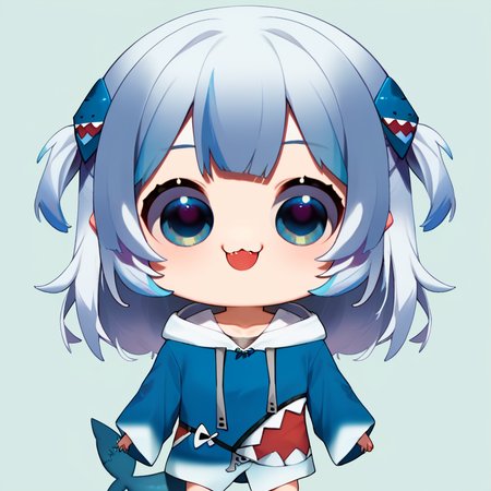 score_9, score_8_up, score_7_up, BREAK,
1girl, chibidokistyle,  chibi, simple background, virtual youtuber,  <lora:chibidokistyle-000004:1>
gawr gura, blue hoodie, white hair , blue eyes, two side up, shark hair ornament, shark tail <lora:gawr_gura_sdxl_pony:0.8>