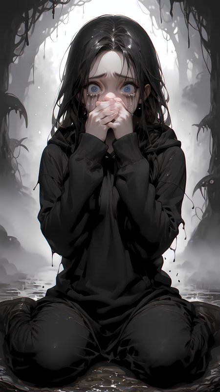 core_9, score_8_up, score_7_up, rating_safe,  dnd, d&d, fighter, dworf,
1girl, solo, long hair, black hair, scared, wide eyes, crying, tears, running mascara, black hoodie, black pans, white faced, unnatural blue eyes,
cold, fog, haze, monstrous background, black forest, black and white photo, fetal positions, looking at viewer, sitting on ground, facing viewer,
open jacket, shirt,small breasts, hands covering mouth, black pants, 
engulfing fangs, monster,  hazy background, heavy ground fog, boke, hazy background, white skin, pale skin, 
shadowed figure in back, swamp, (moster:1.3),
<lora:Expressive_H:1> <lora:Vixons Pomy Styles Gothic Neon:.45> <lora:disgusted_face_xl_goofy:1>