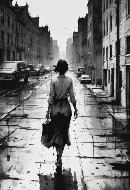 ink illustration, hauntingly beautiful scene of a woman walking through an empty city, ink splashes, rough ink sketch