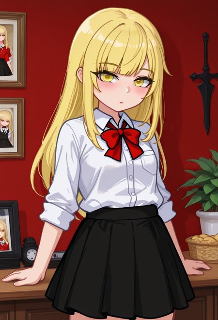 masterpiece,best quality,amazing quality,Yumeko, GachaYumeko, Gacha, Blonde, long hair, straight bangs, yellow eyes, white shirt, red bow on the shirt,  black skirt