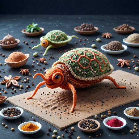 A highly detailed, vibrant strange creature made of herbs floating in space, Herbs_Morf, strange little creatures