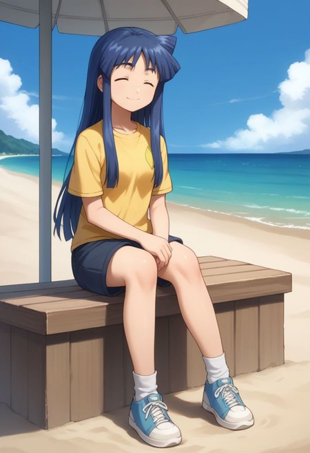 score_9, score_8_up, score_7_up, source_anime, highly detailed,
chizuru, 1girl, solo, closed eyes, long hair, blue hair, shirt, smile, short pants, t-shirt, short sleeves, yellow shirt, socks, sneakers, sit,
outdoor, beach, sky, cloud.