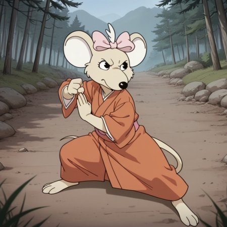 masterpiece, best quality, amazing quality, (highly detailed, extreme detail, detailed), Marciabbil, semi-anthro, female, Marsupial Mouse, tan fur, black eyes, red-orange kimono, fighting stance, woods, pink bow, hair bow