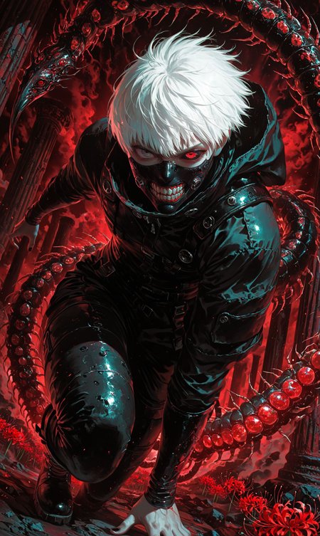 masterpiece, best quality, very awa, absurdres, highres, ultra-detailed, 8K, CG, official art, chromatic aberration, high contrast, color contrast, cold colors, gritty,
1boy, solo, kaneki, kaneki ken, white hair, short hair, heterochromia, grey eyes, red eyes, black sclera, mask mouth, teeth, kagune (tokyo ghoul), black nail polish, eyelashes, angry, boots,
foreshortening, incoming attack, attacking pose, glowing red aura, running, 
dark red background, pillar, red and black theme, black smoke, red smoke, underground facility, spider lily, multiple centipede tail, glowing red eye,
bokeh, (dramatic angle,  dynamic angle:2), light rays, hard lighting, Backlit lens flare, vignetting, dust partials, <lora:spo_sdxl_10ep_4k-data_lora_webui:0.6> <lora:748cmSDXL:0.3> <lora:mon_monmon2133:0.4><lora:noobai_vpred_1_masterpieces_v1:0.5><lora:cfg_scale_boost:0.3> <lora:kaneki_ken:0.6>