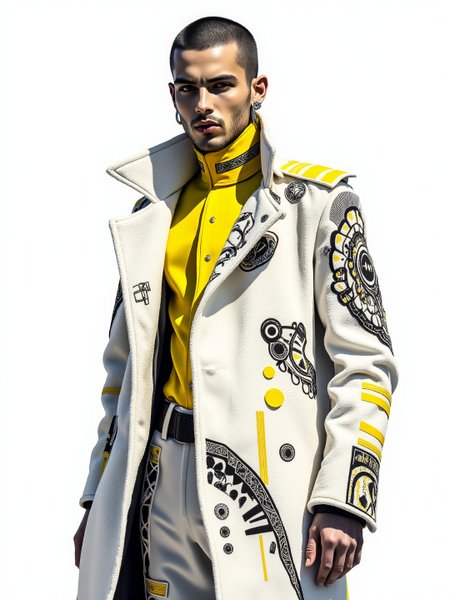 A minimalistic white-toned macro illustration depicting a Serbian (male cyborg:1.21) modelling a punk police uniform that utilises terrycloth and voile material. The clothing billows around the person and is decorated with intricate black and yellow ebru designs. The overall feel of the image is dynamic and impossible. Additionally, the backdrop shows comcept drawings of the clothing, rendered in fine flowing lines and appliqued silverleaf. The general effect is of timeless fine art elegance. <lora:midjourney_whisper_avant_couture_v01:1>