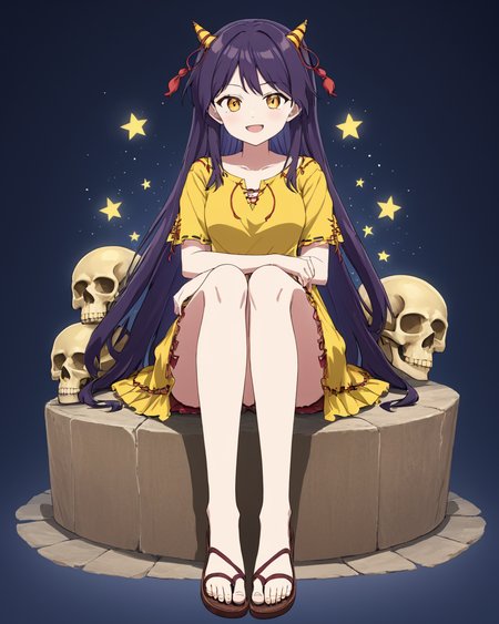 nippaku zanmu,1girl, solo, horns, smile, open_mouth, sitting, skull, sandals, full_body, yellow_dress, ribbon_trim
<lora:nippaku_zanmu_image235_2023-12-20:1>,star-shaped_pupils,symbol-shaped_pupils,. gorgeous,key visual, vibrant, studio anime,award-winning, professional, highly detailed,high budget, cinemascope