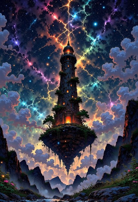 The Nebula Gardens – Floating Isles of Cosmic Beauty
"Scattered across the starlit sky, lush islands of blooming celestial gardens float like petals in the wind. Each one is home to an enchanted tower, its spiraled form appearing to twist and grow like a living entity. The night sky is illuminated with golden threads of energy, connecting the islands like a cosmic web. Lush vines stretch from one floating land to the next, forming natural bridges that glow with the essence of the stars."