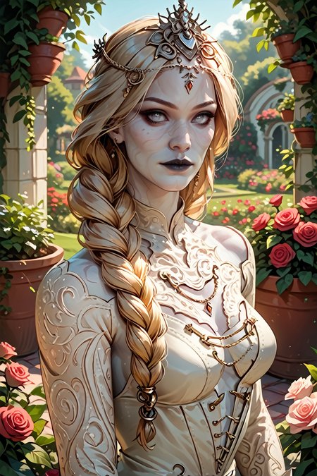 score_9, score_8_up, score_7_up, score_6_up
<lora:BGOrin:1.0>
BGOrin, 1girl, blonde hair, white eyes, colored skin, braid, long hair, looking at viewer, Looking over shoulder, rose garden, gardening, floral background