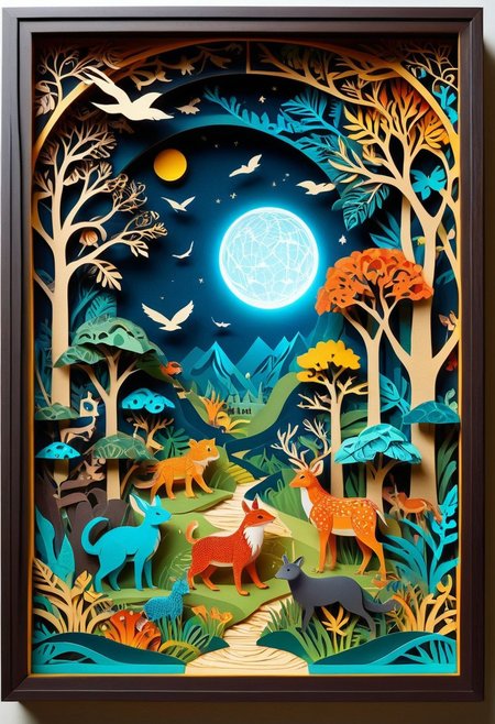 3D papercut shadow box of a parallel universe where animals have evolved to use technology, Patchwork Style, layered, dimensional, depth, silhouette, shadow, handmade, by various contemporary artists. 
concept-art, fantasy, epic, majestic, magical, dreamy, perspective, light and shadow, moody, epic, 
beautiful, painterly, aesthetic, textural, vivid, vibrant, intricate details, highly detailed, ultra-detailed, absurdres, 
aid291, ptchkrawk , Jed-pprct
