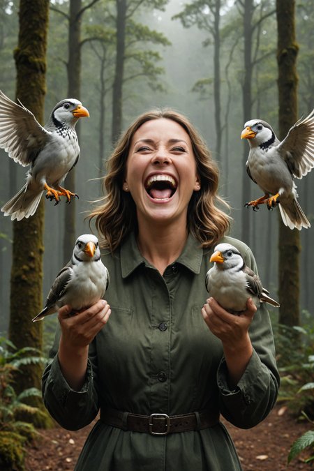 by ((( Nathan Wirth ) and  Atey Ghailan ) and  Peter Sculthorpe ) and  David Yarrow , movie still <lora:juggernaut_cinematic:1.00> of a cute happy woman holding up two cute birds while laughing maniacally laughter, dual wielding birds <lora:happy:0.25><lora:maniacal_laughter:1.75> <lora:dual_pistols:0.35> <lora:more_art:0.40><lora:faetastic:0.25><lora:midjourney:0.15>
