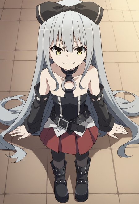 solo,SoraTS, long hair, skirt, bare shoulders, very long hair, grey hair, pantyhose, detached sleeves, belt, black pantyhose, bow, boots,  <lora:PonyXL SoraTS V2:1>, score_9, score_8_up, score_7_up, score_6_up, score_5_up, score_4_up , anime coloring ,BREAK source_anime, anime,
pov, full body, smile,