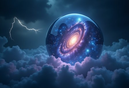 A 4K image of a colossal, floating glass orb in a dark, stormy sky. Inside the orb, a miniature galaxy swirls with vibrant nebulae, sparkling stars, and a radiant, glowing core. Lightning crackles around the orb, illuminating its surface with brilliant flashes of blue and purple light. The orb casts a soft, ethereal glow onto the turbulent clouds below. Masterpiece quality, ultra-detailed, breathtaking contrast