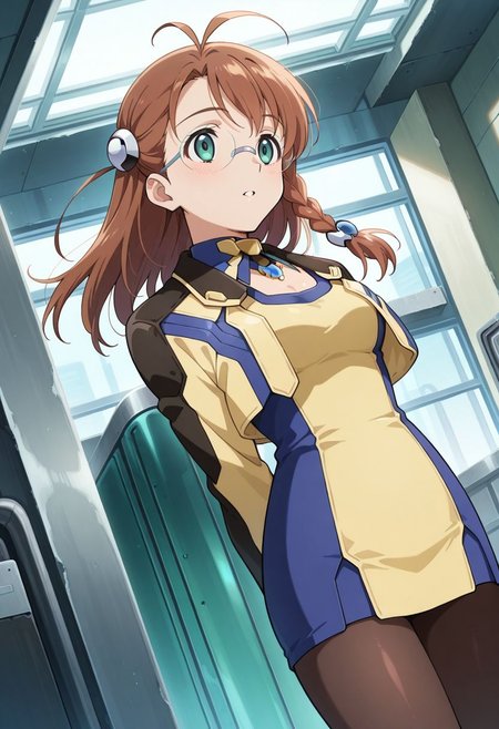 detailed eyes, beautiful, detailed background, perfect eyes,
source_anime, very aesthetic, anime coloring, masterpiece, official art,
<lora:HandFineTuning_XL:1>
BREAK,
factory, sci-fi, holograms,
cowboy shot, dynamic angle,
parted lips, hands behind back,
BREAK,
BREAK,
<lora:shion_illustrious_v01_1:0.9>
shion uzuki, brown hair, single braid, ahoge, long hair, glasses, round eyewear, pantyhose, yellow footwear, cropped jacket, breast cutout, parted bangs, dress, green eyes, yellow dress,