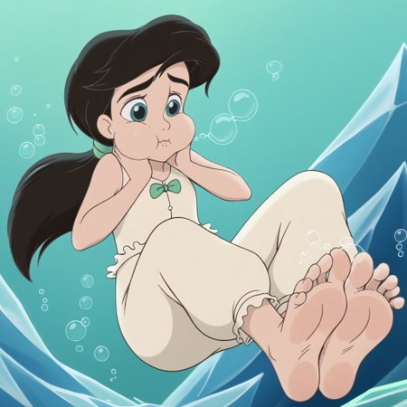 MelodyLM, melody, uwbubbles, 1girl, solo, aqua eyes, black hair, ponytail, thick eyebrows, human, white undershirt, white pantalettes, sleeveless, green bowtie, green hairband, barefoot, feet focus, feet tease, ((bubbling feet)), soles, aqua background, green background, ((puckered lips)), (open mouth:0.5), bubbling feet, air bubble, bubble, cave, floating, floating hair, ice, underwater, asphyxiation, drowning, ((blowing air bubbles)), closed mouth, female focus, full body, holding neck, nervous, ((puffy cheeks))