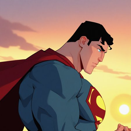 <lora:SUPERMAN_UNBOUND:1>superman_unbound, solo, short hair, black hair, 1boy, closed mouth, upper body, male focus, outdoors, sky, cloud, cape, blue eyes, from side, muscular, profile, bodysuit, thick eyebrows, muscular male, pectorals, own hands together, cloudy sky, sideburns, sunset, red cape, sun, superhero, blue bodysuit, orange sky, yellow sky, holding, detailed background, motion blur, film grain, abstract, natural lighting, fantasy, cinematic, dynamic view, tilted angle, very awa, masterpiece, best quality, absurdres, newest, perfect quality, detailed background, intricate details,  (artist:fl \(l-fl\):0.7), (artist:tooboshoo:0.7), (artist:dizdoodz:0.8)
