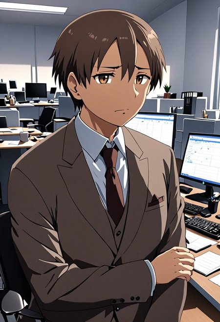 high resolution, solo, best quality, 1Boy, Takaki Toono, Brownish Hair, Brown Eyes, suit, worklife, workspace, OverallDetail