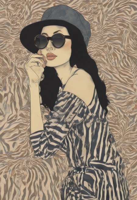 Front profile half body illustration, at a party, a punk 80's Asian model woman with a 50's beret, Long black hair, Momo Yaoyorozu, in a minimal round striped pattern denim jumpsuit and large sunglasses, 80 degree view, art by Sergio Lopez, Natalie Shau, James Jean, Salvador Dali, and an emo 2000's European man., <lora:Vintage_vibes:1>