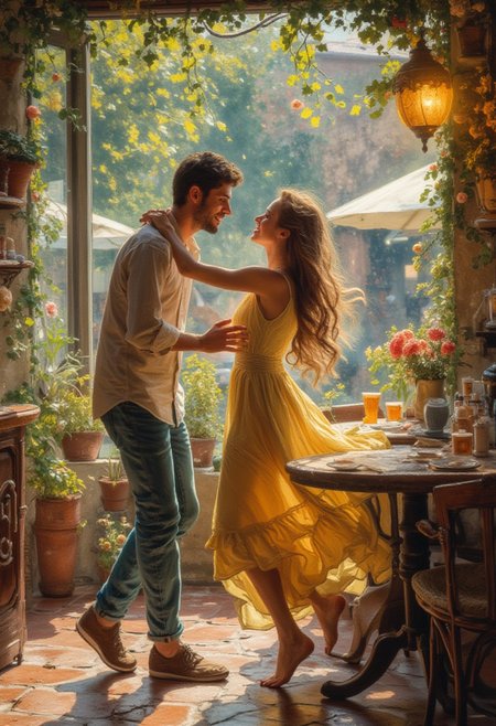 a guy and a girl in an cafe slowly dancing in each other's arms, smiling, bright, sunny, summertime, vivid colors, masterpiece, atmospheric, detailmaximizer