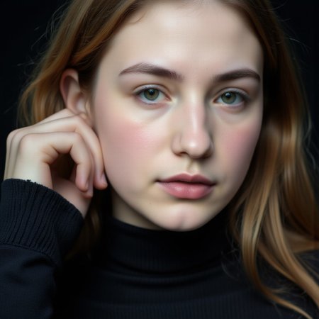 Portrait photo By Bruno Dayan. Angled side view of Ros4l1n4, detailed eyes, detailed lips, slightly parted lips, 8k, high quality, shot on Hasselblad X1D II Digital, analog, wearing turtleneck shirt, at a studio photoshoot session, face focus, neutral expression. She lightly tucks her hair behind her left ear.