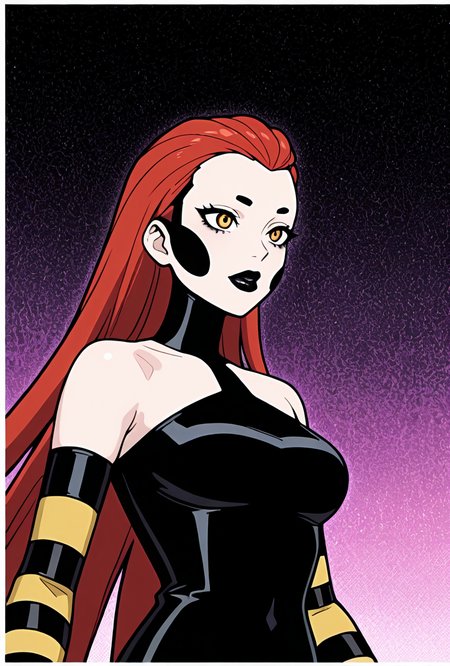 ((cartoon, screencap))  <lora:frightwig:1> frightwig, 1girl, very long hair, red hair, bare shoulders, black lips, striped sleeves, detached sleeves, black bodysuit, masterpiece, best quality, amazing quality, very aesthetic, absurdres, newest,, upper body, halftone effect, white borders, abstract background:1.2,