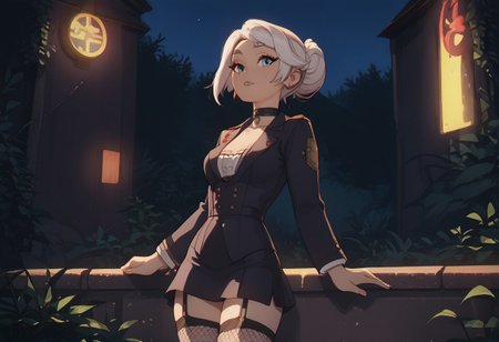 score_9, score_8_up, score_7_up, masterpiece, best quality, expressive, frieren, cute, perfect waist, posing, cowboy shot,  short skirt, fishnet stockings, garter belt, choker, tight blazer, solo, white hair, perfect face, dark neon night, warm light, outside