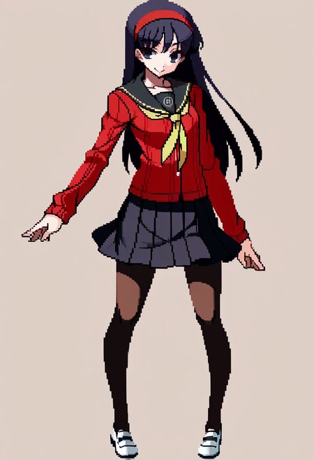 score_9, score_8_up, score_7_up, source_anime, BREAK, solo, 1girl, smile, looking at viewer,  <lora:Under-Night-In-Birth-SpritesV2-pdxl_Fp:1>, simple background, full body, standing,   <lora:persona4_amagi_ponyXL:1>, yukikodef, red hairband, school uniform, red sweater, red cardigan, black sailor collar, yellow neckerchief, long sleeves, black skirt, black pantyhose