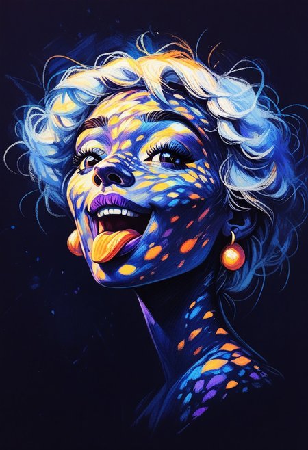 score_9, score_8_up, score_7_up, score_6_up, 1girl, ((happy, happy face, open mouth)), tongue out, white hair, teenager, beautiful, dappled moonlight, purple lipstick, earrings, dark eyeliner, gold light shafts, dark purple background, portrait, cool color palette, s1_dram, ncpy13 style, pastels drawing