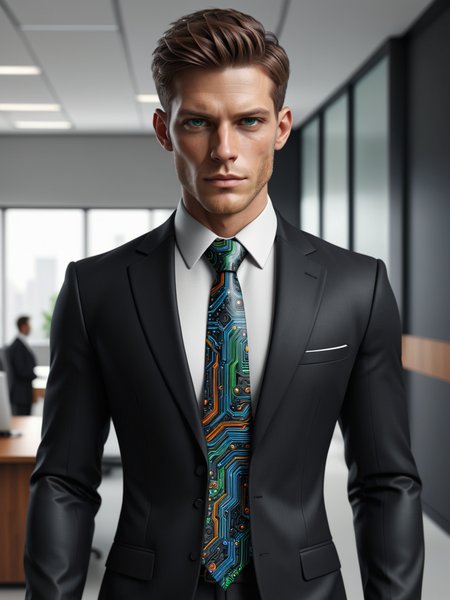 man wearing a mad-circuit necktie and white shirt and black suit in office<lora:Colorful_Circuit_SDXL:0.5>, (masterpiece:1.2), best quality, (hyperdetailed, highest detailed:1.2), high resolution textures