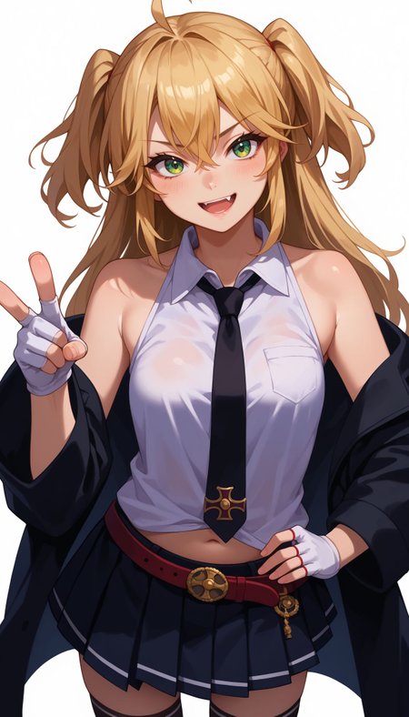 score_9,score_8_up,score_7_up,score_6_up, source_anime, hand on hips, smile
 <lora:Admiral Hipper:1>, AZHipper, 1girl, blonde hair, green eyes, long hair, open mouth, fang, ahoge, fingerless gloves, blush, black skirt, black thighhighs, navel, breasts, white gloves, white background, looking at viewer, white shirt, two side up, pleated skirt, simple background, belt, bare shoulders, jacket, open coat, open clothes, off shoulder, bangs, iron cross, sleeveless shirt, pointing at viewer, black necktie, zettai ryouiki, black coat, hair between eyes, miniskirt, collared shirt, smile