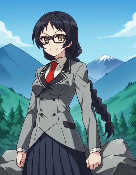 score_9, score_8_up, score_7_up, source_anime, <lora:ayame-kajou-s1-ponyxl-lora-nochekaiser:1>, ayame kajou, long hair, black hair, brown eyes, yellow eyes, medium breasts,, glasses, braid, braided ponytail, skirt, school uniform, pleated skirt, necktie, black skirt, red necktie, grey blazer, long sleeves,, mountain, rock, height, snow, trees, smile, smile, looking at viewer, solo,, dutch angle, cowboy shot