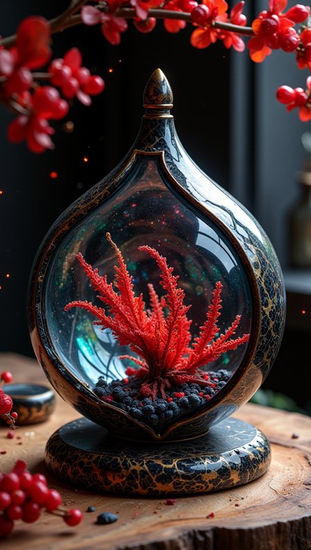 masterpiece, 4k, 8k, bokeh, a carbon fiber shape with a glass case merging together, it is a special object found in a secret dark shop, dropped on a crafted burned wood table, red fresh vegetation.
detailmaximizer, Midjourney_Whisper, opalescence <lora:[Flux1]_flux_vividizer:0.3> <lora:[Flux1]_scenery_lora_comfy_converted:0.2> <lora:[Flux1]_Opal_Fantasy_Flux:0.5> <lora:[Flux1]_aidmaPsychadelicChaosWorld-FLUX-v0.1:0.3> <lora:[Flux1]_aidmaImageUpgrader-FLUX-V0.1:0.1> <lora:[Flux1]_midjourney_whisper_flux_lora_v01:0.1>