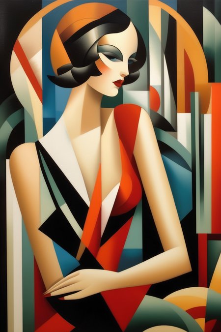 <lora:Jean Metzinger Style:1>Jean Metzinger Style - Craft an abstract composition of geometric shapes and vibrant colors, evoking the energy and dynamism of the Art Deco movement, with sleek lines and bold patterns reminiscent of the works of Tamara de Lempicka.