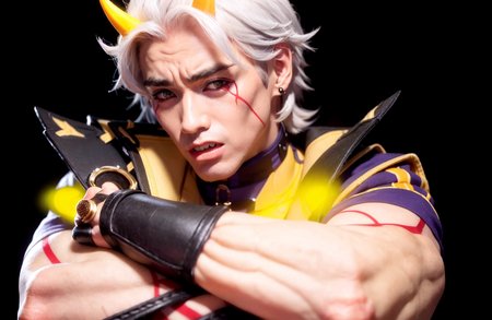masterpiece, best quality,male focus, 1boy, male focus, black nails, arataki itto, horns,tooth, solo, crossed arms, closed eyes, white hair, open mouth, yellow background, spikes, vision (genshin impact), simple background, jewelry, upper body, smile