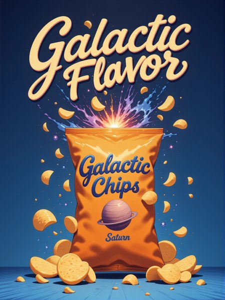product promo in sem 3d style and flat thic lines, hand-made brushy illustration.
A large orange bag of popato chips that is slightly open showing a nebula only inside the bag, some glowing haze it's happening and chips are flying out of the open bag.
The brand of the bag is "Galactic Chips" and features a saturn planet.
the background is a simple blue gradient background.
In the foreground top of  the image an emblazoned script style text with bold font text."Galactic Flavor".
 <lora:AnimeStyles:1> in the style of Jed4ni