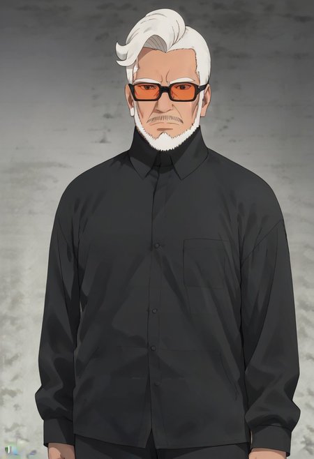 Amado Sanzu, glasses, white hair, black shirt, standing, facial hair, beard, solo, male focus