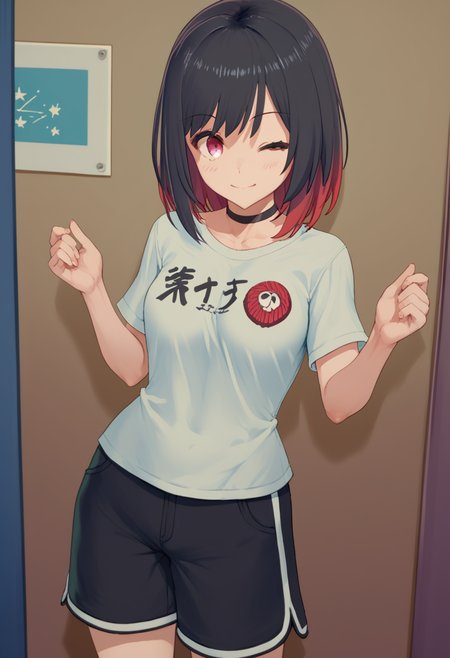 source_anime, score_9, score_8_up, score_7_up, score_6_up, score_5_up, score_4_up, 1 girl, solo, <lora:Rin_Rokuhara_from_LiL_PonyXL:0.8>, rin_rokuhara, breasts, black shorts, wink, shirt, colored inner hair, black choker,medium hair, bangs, short sleeves, white shirt,, <lora:cutesexyronutts_style_xl:1> csr style,,(space station, Mountain biking on a trail),