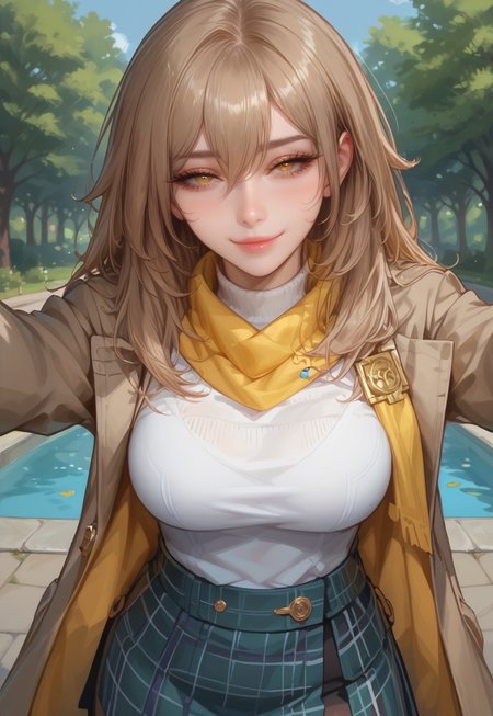 safe_pos, score_9, score_8_up, score_7_up, source_anime, NSFW, (((1girl, solo, solo focus))), (best quality, high quality), (((stelledef, yellow eyes, light brown hair, long hair, hair between eyes))), sad expression, (mature face, milf, 40 years old), (olive skin tone), (petite body, large breasts), (yellow eyes), sexy lips, perfect lips, defined nose, looking at viewer, closed mouth, blushing, seductive look, (((standing, slight smile, bedroom eyes, arms reaching for viewer:1.3))), (coat, turtleneck, black_tights, skirt, yellow scarf), outdoors, park, afternoon, (detailed background), upper body, pov, depth of field,