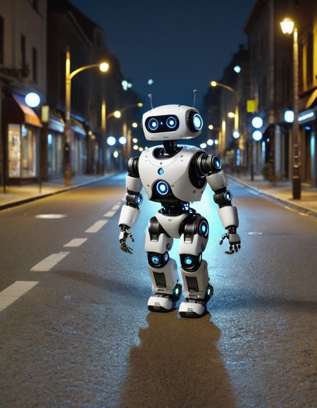 robotlora, robot, walking trough empty street at night