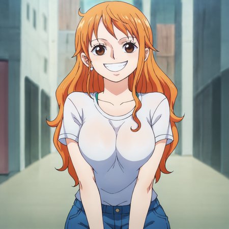 score_9, score_8_up, score_7_up, score_6_up, score_5_up, score_4_up, BREAK source_anime,POV,city,outdoor,smile,standing,<lora:Nami_SEV:0.7>nami_SEV, orange hair, long hair, wavy hair, side locks, brown eyes, large breasts, white t-shirt,short sleeves