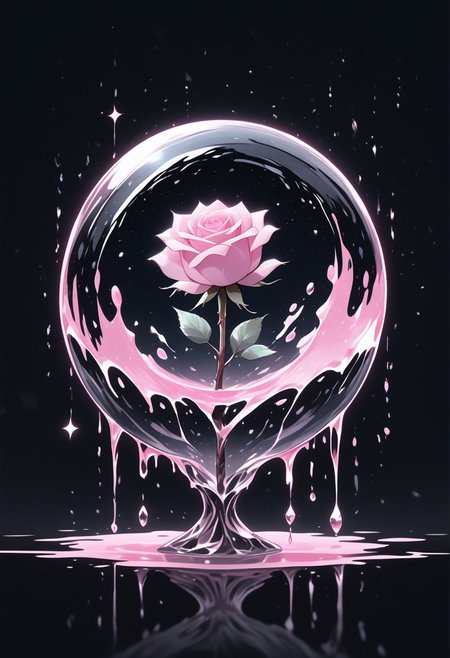 (masterpiece), best quality, Anime, Illustration, (Floating Sphere, Crystal, Magic, Reflection, Melting, Dripping, Pink Rose), Black Background, No Humans, Starry Theme, (Light Refraction), White and Pink Theme, Natural Lighting, Verynsty